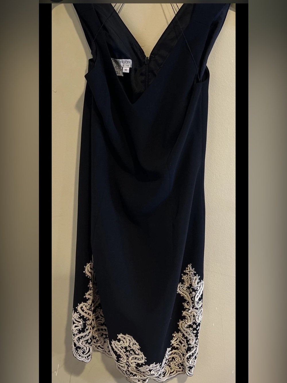 Maggy London Black Midi Dress with Cream Embroidered Hemline